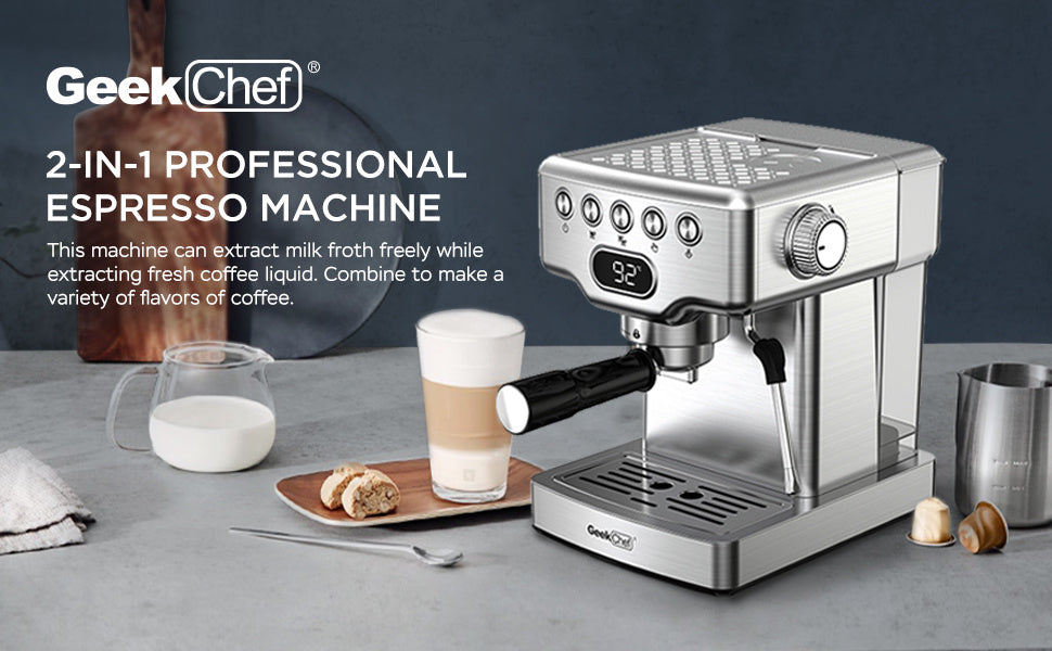 Geek Chef Espresso Machine, 20 Bar Espresso Machine With Milk Frother For Latte, Cappuccino, Macchiato, For Home Espresso Maker, 1.8L Water Tank, Stainless Steel